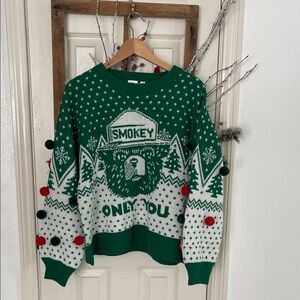 Christmas Green Smokey Bear Sweater with Pom Poms